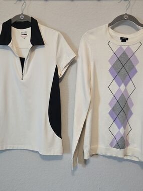 Izod Lot If 2: Off-white Tops Polo with Black Trim & Lavender Argyle Sweater